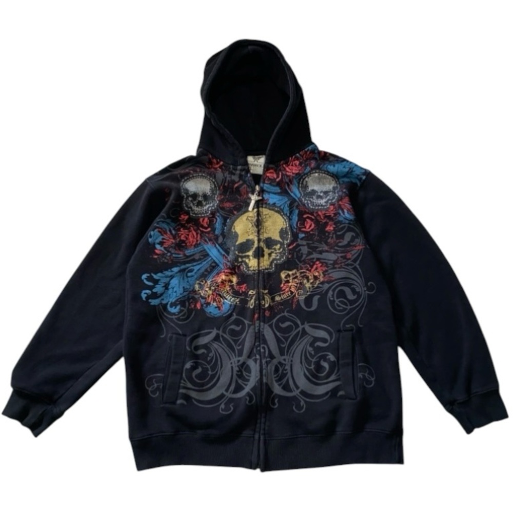 Avirex Full Zip Hoodie Size XL Rare Grungewear Black Skull Print Y2K VTG (M)